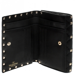 Pre Owned Valentino Black Leather Rockstud Spike Compact Wallet