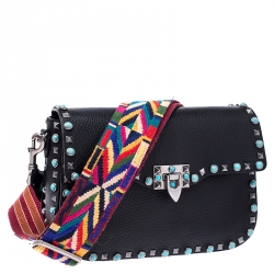 Pre Owned Valentino Black Leather Guitar Rolling Rockstud Shoulder Bag