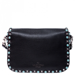 Pre Owned Valentino Black Leather Guitar Rolling Rockstud Shoulder Bag