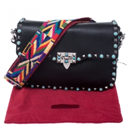 Pre Owned Valentino Black Leather Guitar Rolling Rockstud Shoulder Bag