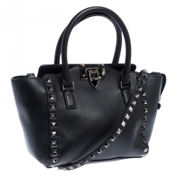 Pre Owned Valentino Black Leather Mini Rockstud Trapeze Tote