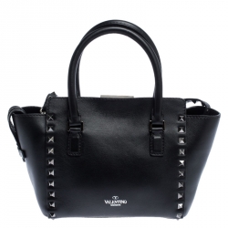 Pre Owned Valentino Black Leather Mini Rockstud Trapeze Tote