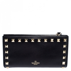 Pre Owned Valentino Black Leather Rockstud Continental Wallet