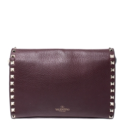 Pre Owned Valanteno Burgundy Leather Rockstud Flap Shoulder Bag