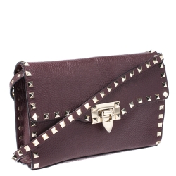 Pre Owned Valanteno Burgundy Leather Rockstud Flap Shoulder Bag