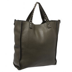 Pre Owned Valentino Dark Green Leather Rockstud Shopper Tote