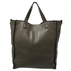 Pre Owned Valentino Dark Green Leather Rockstud Shopper Tote