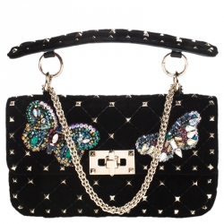 Pre Owned Valentino Black Quilted Velvet Small Butterfly Spike.It Shoulder Bag