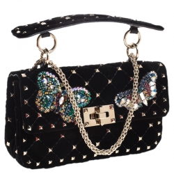 Pre Owned Valentino Black Quilted Velvet Small Butterfly Spike.It Shoulder Bag