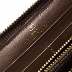 Pre Owned Valentino Black/Beige Lace Print Leather Zip Around Continental Wallet