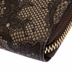 Pre Owned Valentino Black/Beige Lace Print Leather Zip Around Continental Wallet