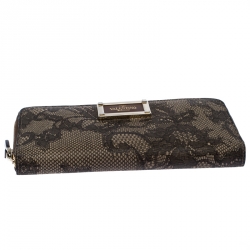 Pre Owned Valentino Black/Beige Lace Print Leather Zip Around Continental Wallet