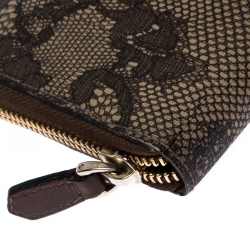 Pre Owned Valentino Black/Beige Lace Print Leather Zip Around Continental Wallet