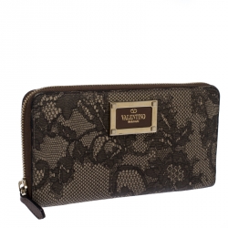 Pre Owned Valentino Black/Beige Lace Print Leather Zip Around Continental Wallet