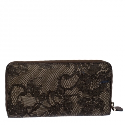 Pre Owned Valentino Black/Beige Lace Print Leather Zip Around Continental Wallet