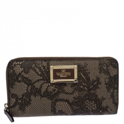 Pre Owned Valentino Black/Beige Lace Print Leather Zip Around Continental Wallet