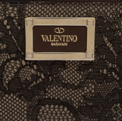 Pre Owned Valentino Black/Beige Lace Print Leather Zip Around Continental Wallet