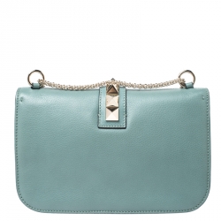 Pre Owned Valentino Pastel Blue Leather Rockstud Medium Glam Lock Flap Bag