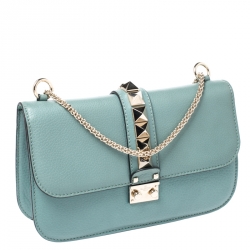 Pre Owned Valentino Pastel Blue Leather Rockstud Medium Glam Lock Flap Bag