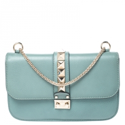 Pre Owned Valentino Pastel Blue Leather Rockstud Medium Glam Lock Flap Bag