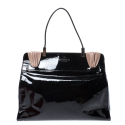 Pre Owned Valentino Black Raffia/Leather and Patent Leather Aphrodite Bow Top Handle Bag