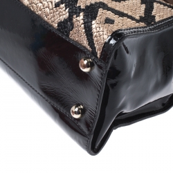 Pre Owned Valentino Black Raffia/Leather and Patent Leather Aphrodite Bow Top Handle Bag