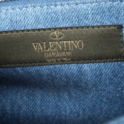 Pre Owned Valentino Blue Denim Butterfly Embroidered Small Rockstud Shoulder Bag