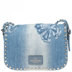 Pre Owned Valentino Blue Denim Butterfly Embroidered Small Rockstud Shoulder Bag