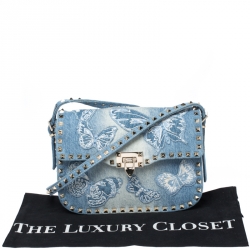 Pre Owned Valentino Blue Denim Butterfly Embroidered Small Rockstud Shoulder Bag