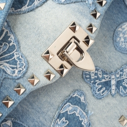 Pre Owned Valentino Blue Denim Butterfly Embroidered Small Rockstud Shoulder Bag