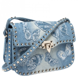 Pre Owned Valentino Blue Denim Butterfly Embroidered Small Rockstud Shoulder Bag