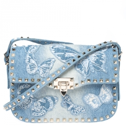 Pre Owned Valentino Blue Denim Butterfly Embroidered Small Rockstud Shoulder Bag