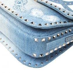 Pre Owned Valentino Blue Denim Butterfly Embroidered Small Rockstud Shoulder Bag