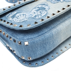 Pre Owned Valentino Blue Denim Butterfly Embroidered Small Rockstud Shoulder Bag