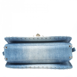 Pre Owned Valentino Blue Denim Butterfly Embroidered Small Rockstud Shoulder Bag