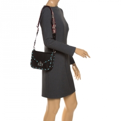 Pre Owned Valentino Black Leather Guitar Rolling Rockstud Shoulder Bag