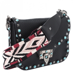 Pre Owned Valentino Black Leather Guitar Rolling Rockstud Shoulder Bag