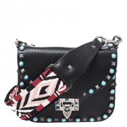 Pre Owned Valentino Black Leather Guitar Rolling Rockstud Shoulder Bag