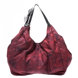 Pre Owned Valentino Red/Black Rose Printed Nylon and Leather Hobo