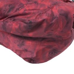 Pre Owned Valentino Red/Black Rose Printed Nylon and Leather Hobo