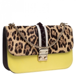 Pre Owned Valentino Multicolor Leather and Fur Rockstud Medium Glam Lock Flap Bag