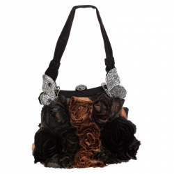 Pre Owned Valentino Black/Brown Floral Applique Satin Butterfly Clutch Bag