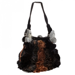 Pre Owned Valentino Black/Brown Floral Applique Satin Butterfly Clutch Bag