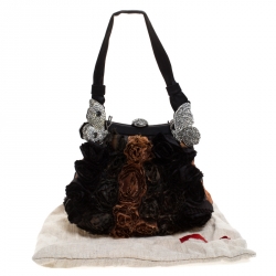 Pre Owned Valentino Black/Brown Floral Applique Satin Butterfly Clutch Bag