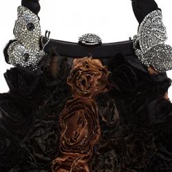 Pre Owned Valentino Black/Brown Floral Applique Satin Butterfly Clutch Bag