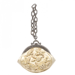 Pre Owned Valentino Cream Satin Crystal Embellished Chain Clutch