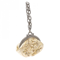 Pre Owned Valentino Cream Satin Crystal Embellished Chain Clutch