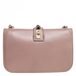 Pre Owned Valentino Beige Leather Rockstud Medium Glam Lock Flap Bag