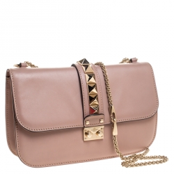 Pre Owned Valentino Beige Leather Rockstud Medium Glam Lock Flap Bag
