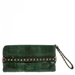 Pre Owned Valentino Green Python Rockstud Wristlet Clutch